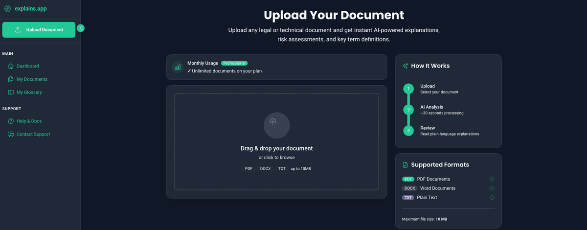 explains.app demo — uploading a contract and seeing plain-language explanations with risk alerts
